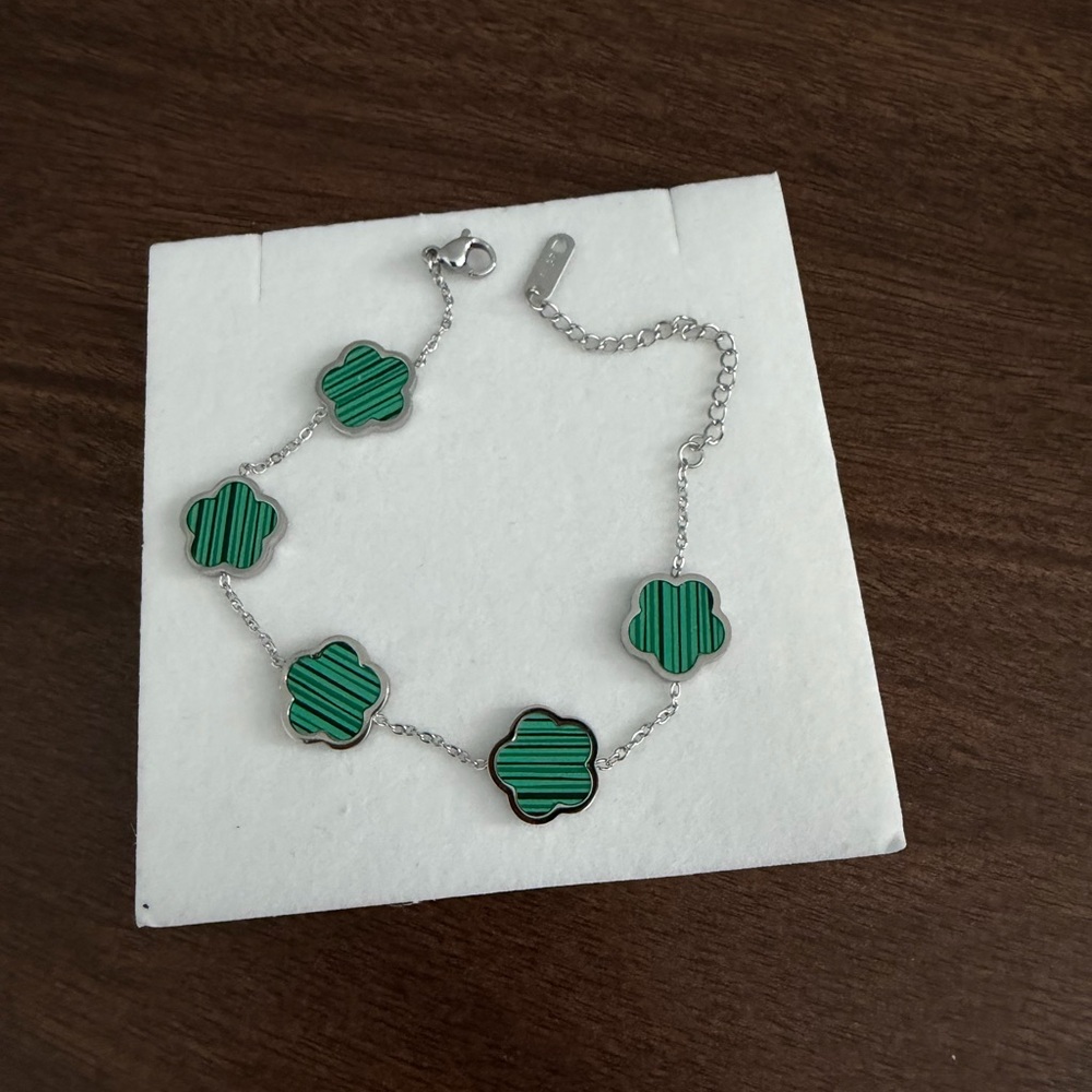 Silver and Green Clover Bracelet